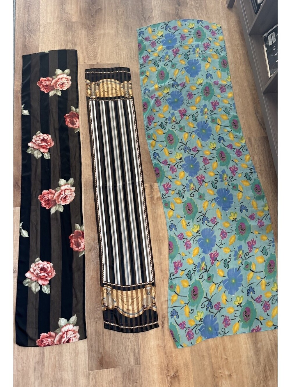 Vintage Long Rectangle Scarf Lot of 3 - Floral & Geometric Striped Black Blue